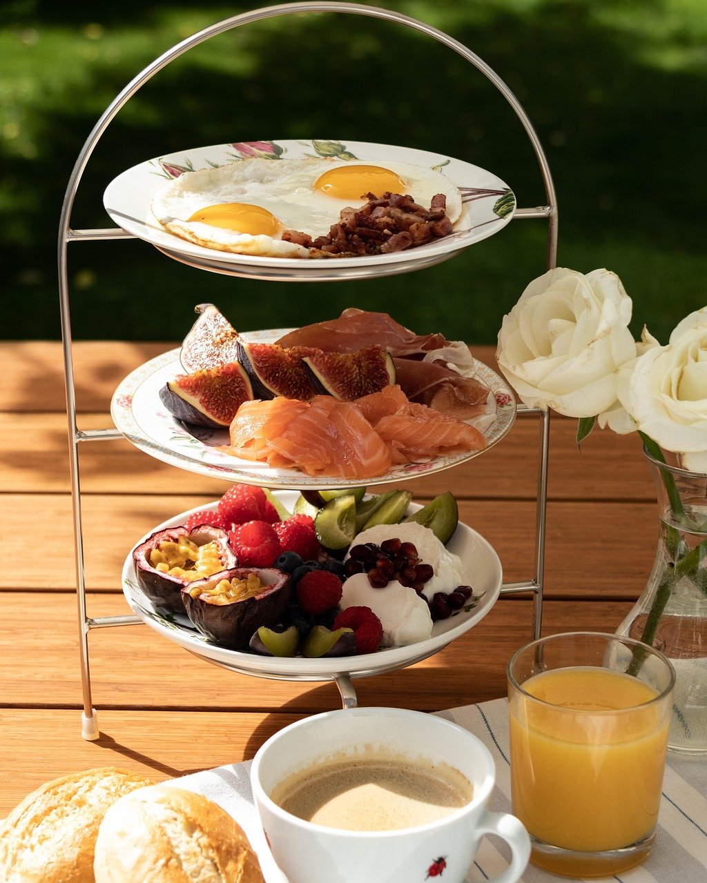 coffee, orange juice, salmon, fruit, bread, yogurt, healthy, nature, breakfast, food, baked, nutrition, fresh, garden